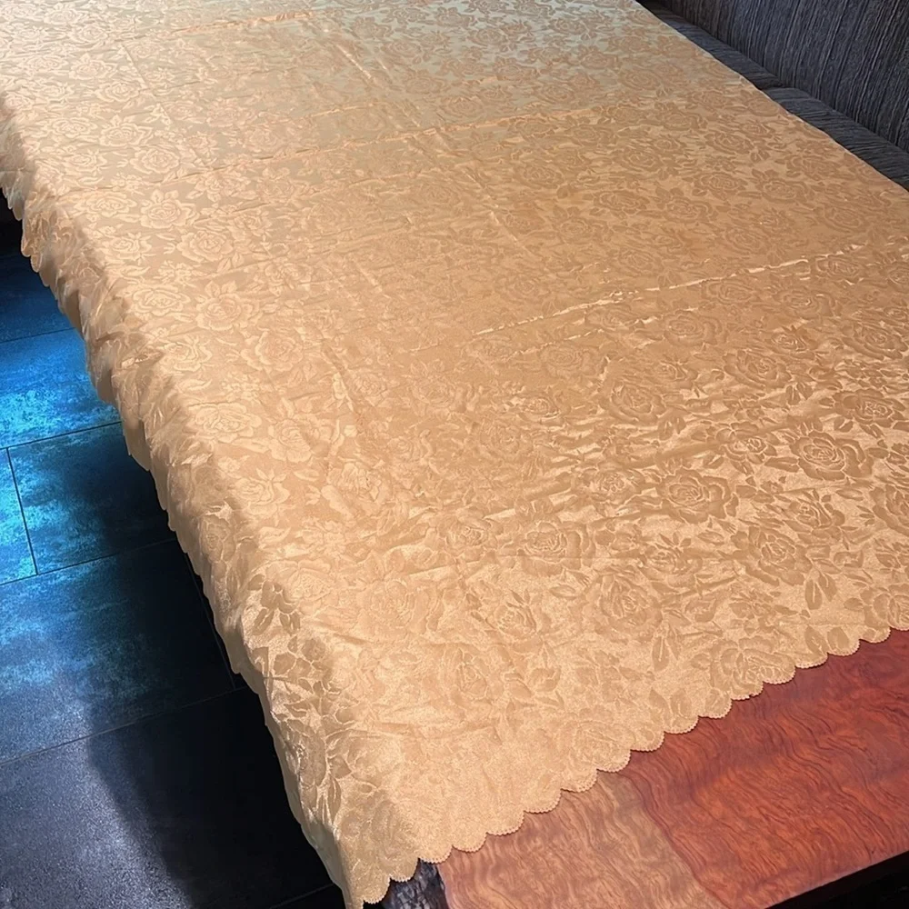 94” x 56” Washable Damask Yellow Gold Rose Floral Scalloped Edge Tablecloth